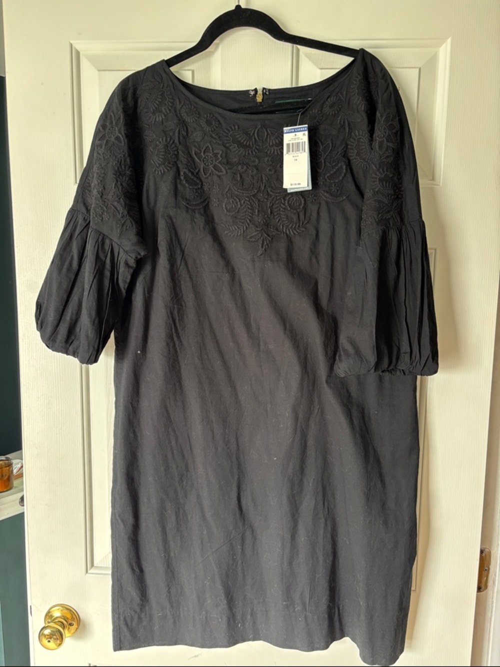 Ralph Lauren Black Puff Sleeve Embroidered Shift Dress NWT